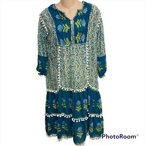 Rose Crystal teal‎ blue boho pom pom dress medium.